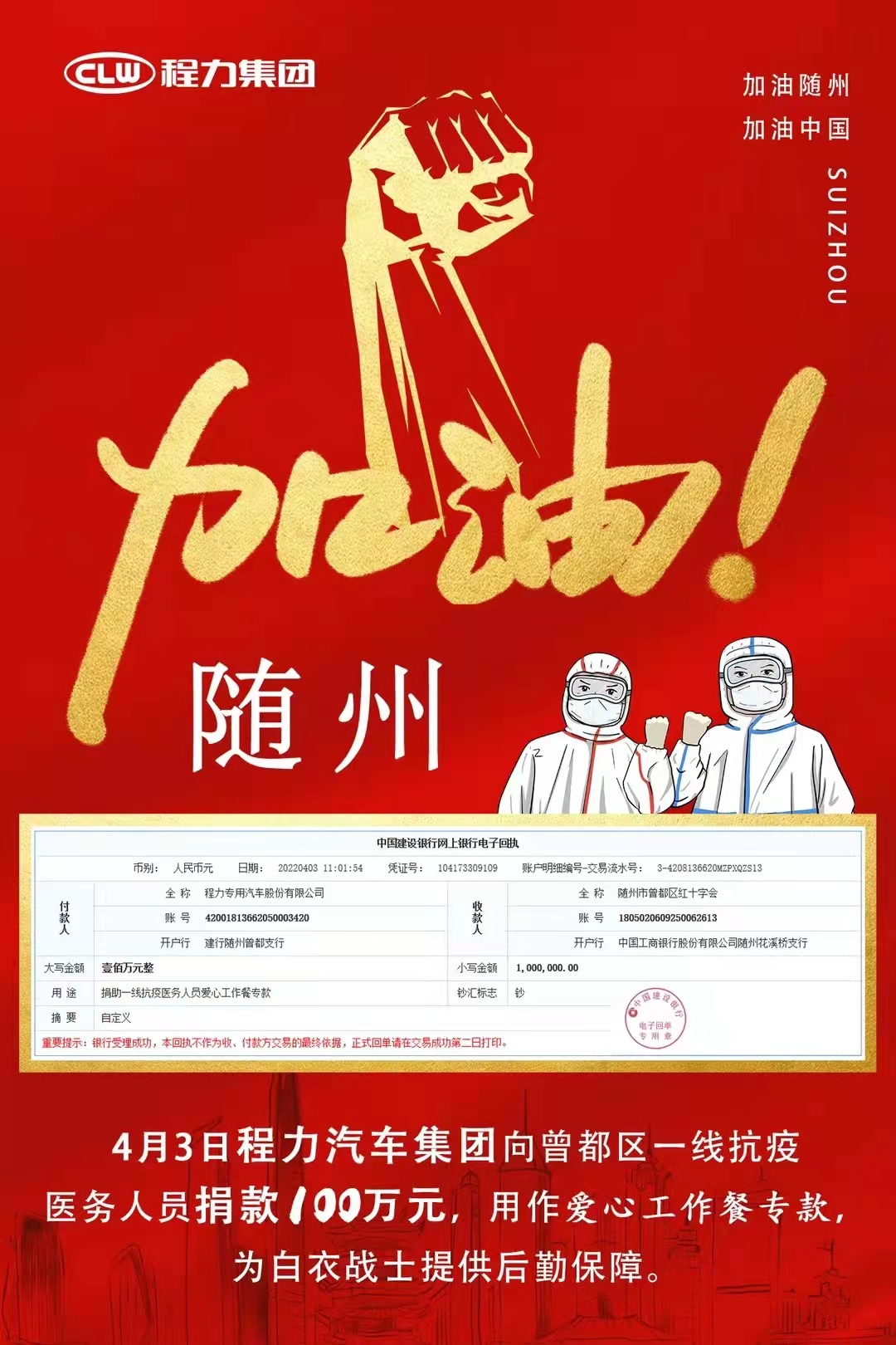 程力汽車(chē)集團(tuán)向隨州疫情一線人員捐款100萬(wàn)元